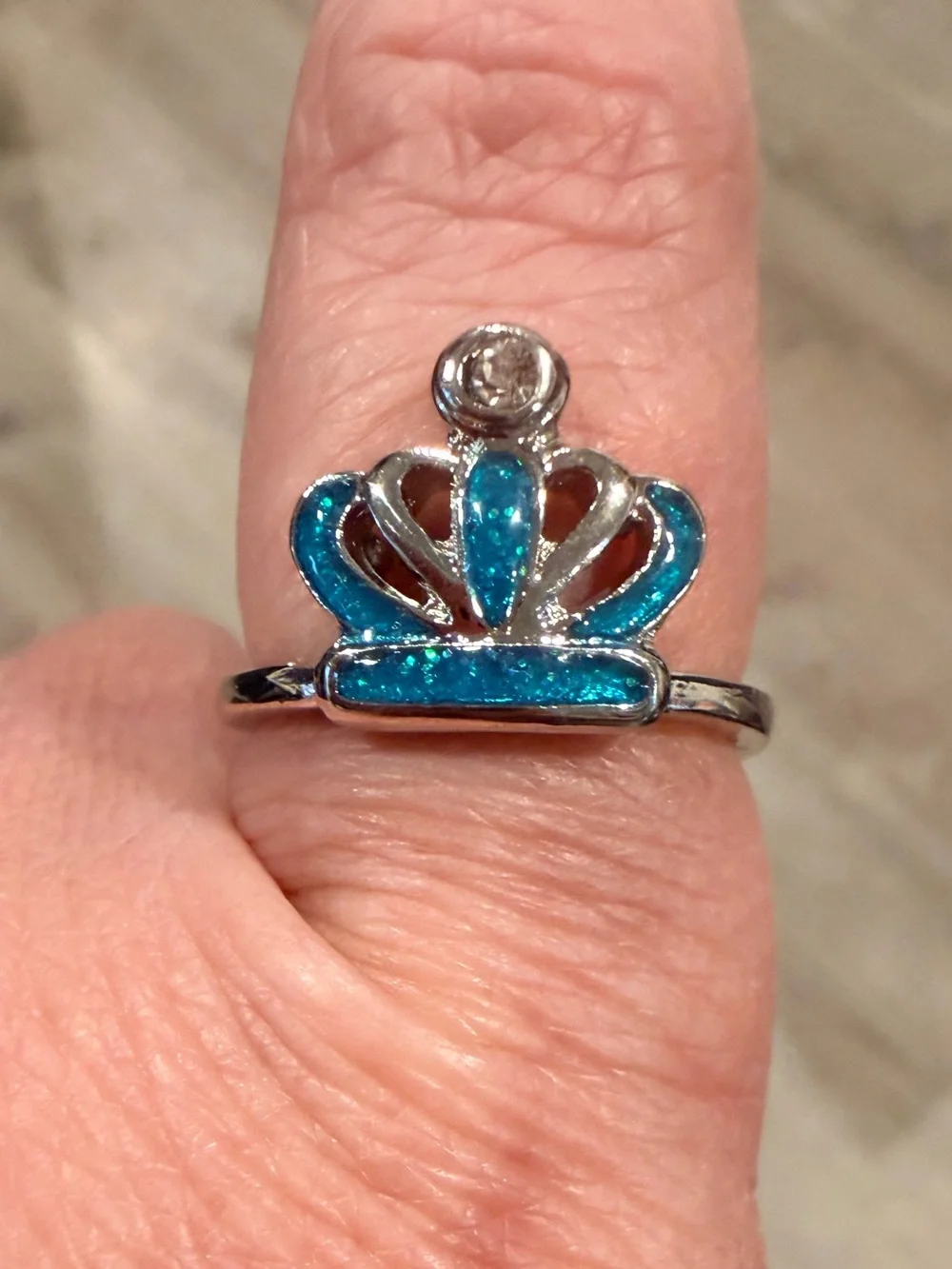 Silver Crown Ring with Teal Blue Enamel accent size 9